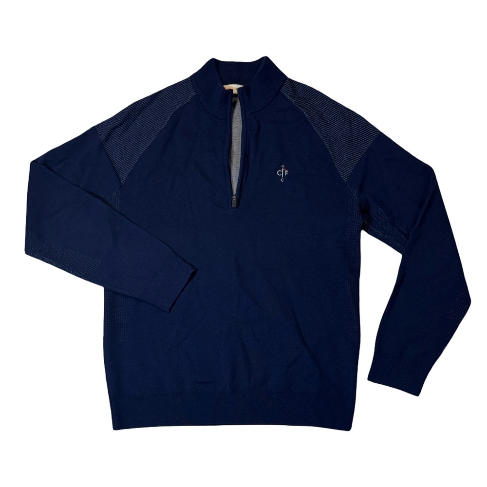 KJUS mens L Large 52 blue solid 1/4 zip wool pullover golf sweater EuC